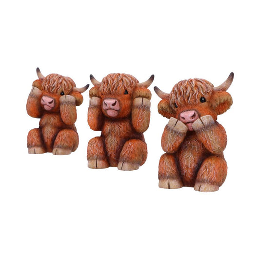 Three brown, furry Highland cow figurines, each with small horns, sit in a row, covering either their eyes, mouth, or ears, against a white background.