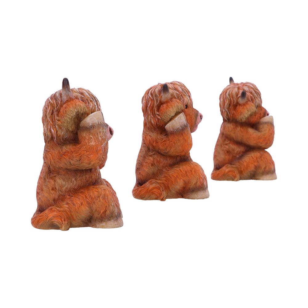 Three brown furry highland cow figurines sit against a white background; each covering its eyes, ears, or mouth.