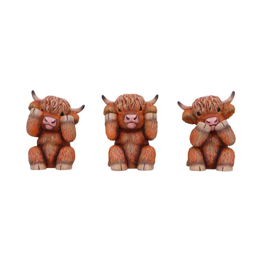 Three Wise Highland Cows Figurines – hand-painted resin Highland cow trio in see no evil, hear no evil, speak no evil poses