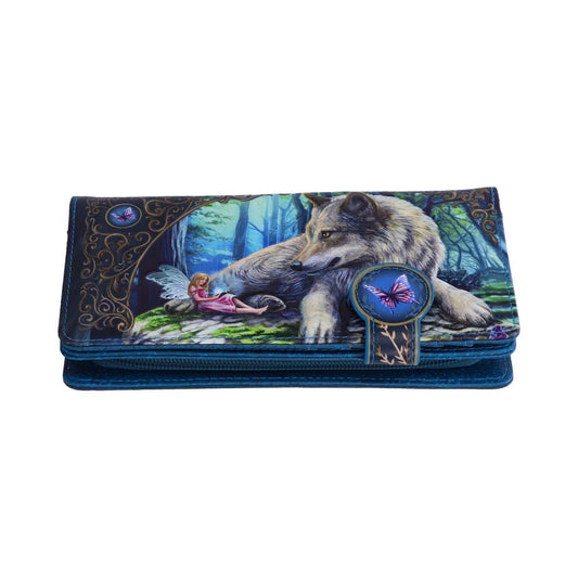 A teal purse rests on a white background; its surface depicts a wolf and a fairy in a forest.
