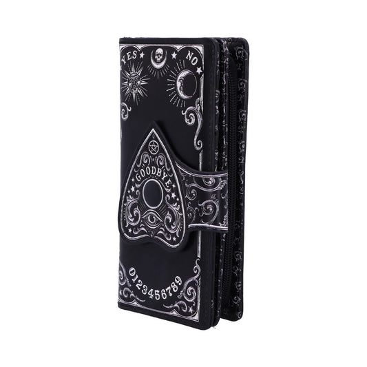A black wallet, featuring a Ouija board design with "GOODBYE," numbers 0-9, and occult symbols, sits against a white background.