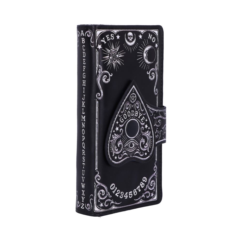 A black wallet, featuring an Ouija board design with "GOODBYE" inscribed on a planchette, rests on a white background. The wallet's edge displays the alphabet and numerals.