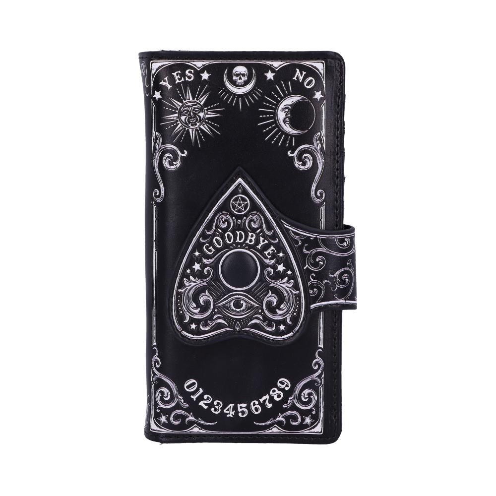 A black leather wallet displays a Ouija board-style design, featuring a planchette with "GOODBYE," numbers 0-9, celestial symbols, and "YES" and "NO" at the top.