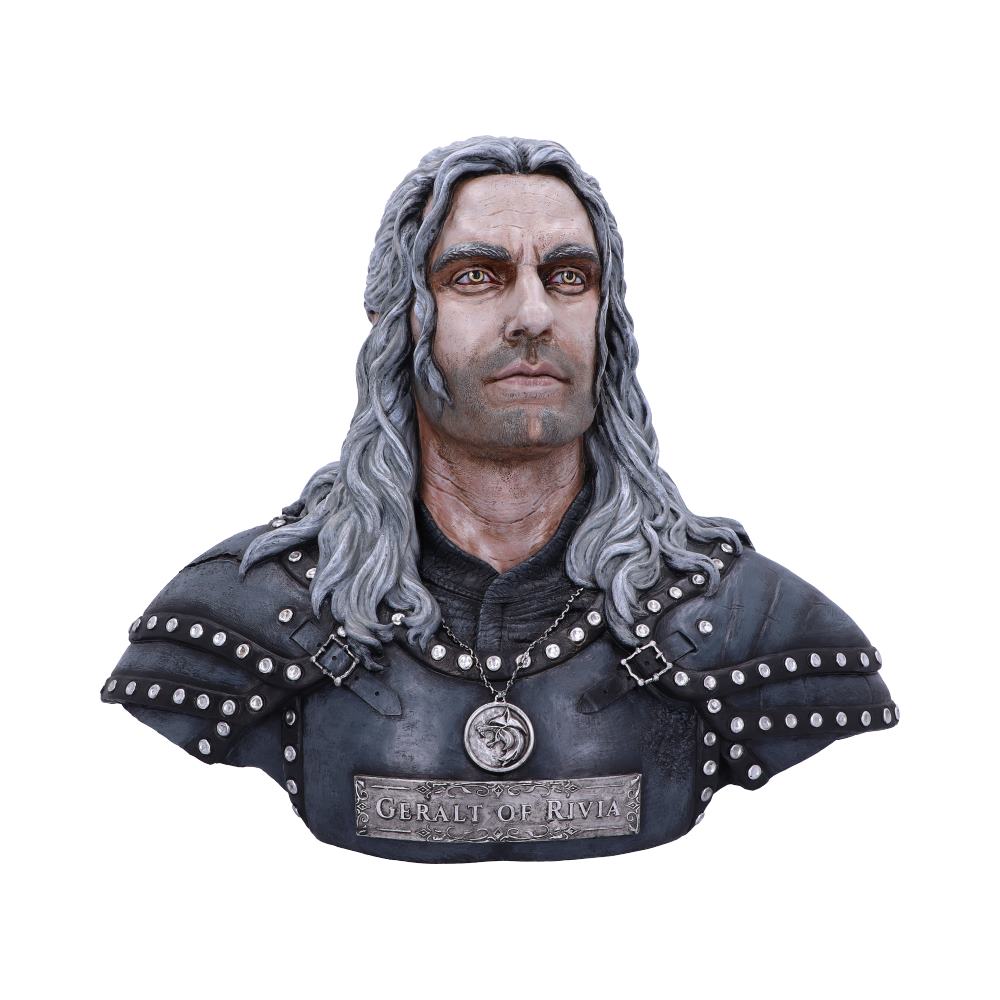 A detailed bust of a character with long gray hair and armor, featuring a pendant and a nameplate reading "Geralt of Rivia," depicted against a plain white background.