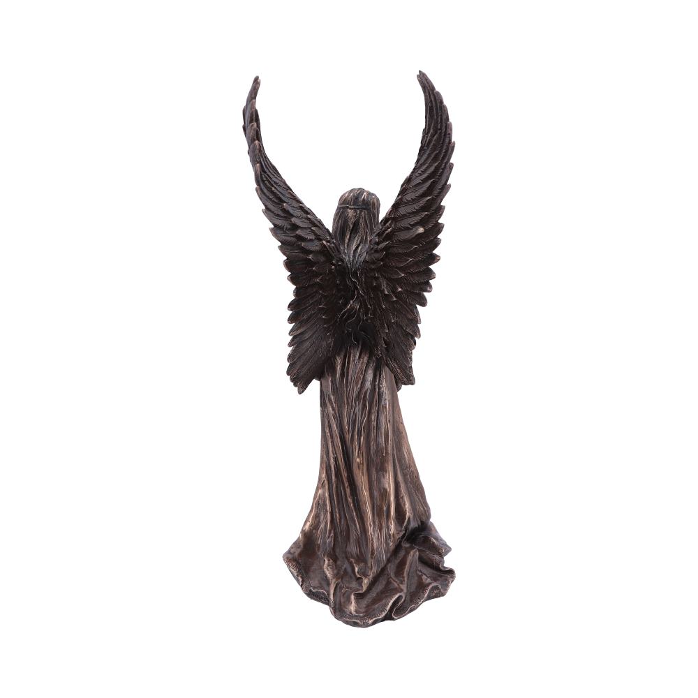 A bronze-colored statue of an angel with outstretched wings stands against a white background. The angel is facing away.