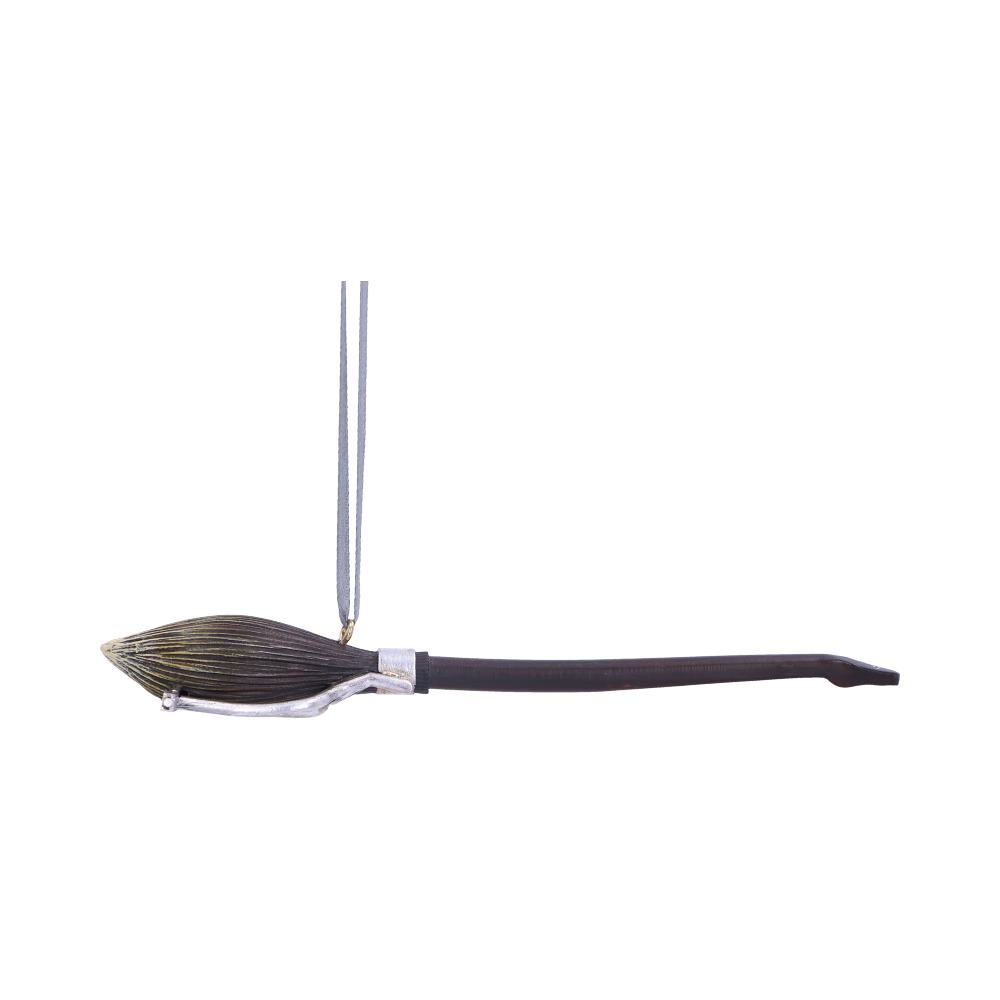 A silver metallic necklace pendant shaped like a broomstick with a dark wooden handle. It hangs from a thin loop against a plain white background.