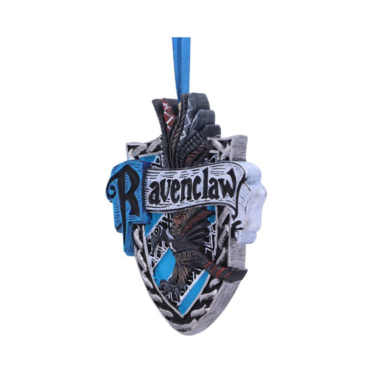 A decorative ornament depicts a shield with the word "Ravenclaw" in stylized text. An eagle is centered against a blue background, hanging from a blue ribbon, symbolizing a fictional house.