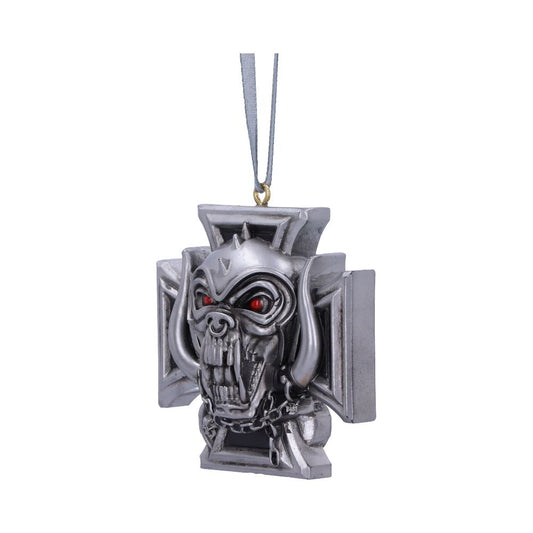 A silver skull ornament with red eyes hangs from a ribbon, set against a plain white background. The design is intricate and menacing, featuring sharp edges and chain details.