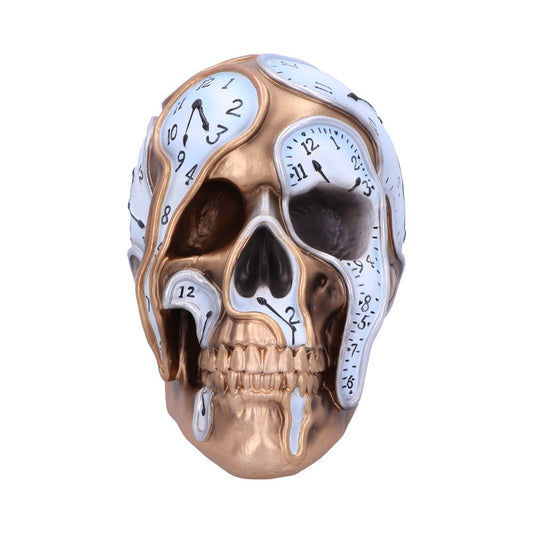 A bronze-colored skull is adorned with melting clock faces, displaying distorted numbers and hands, evoking a surreal, Dali-esque artistic style against a plain white background.