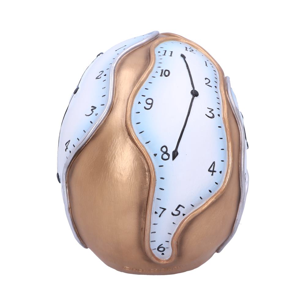 A bronze-colored egg sculpture features melted clock faces draped over it, displaying distorted numbers and clock hands. The combination of smooth surfaces and fluid shapes resembles surrealist art.