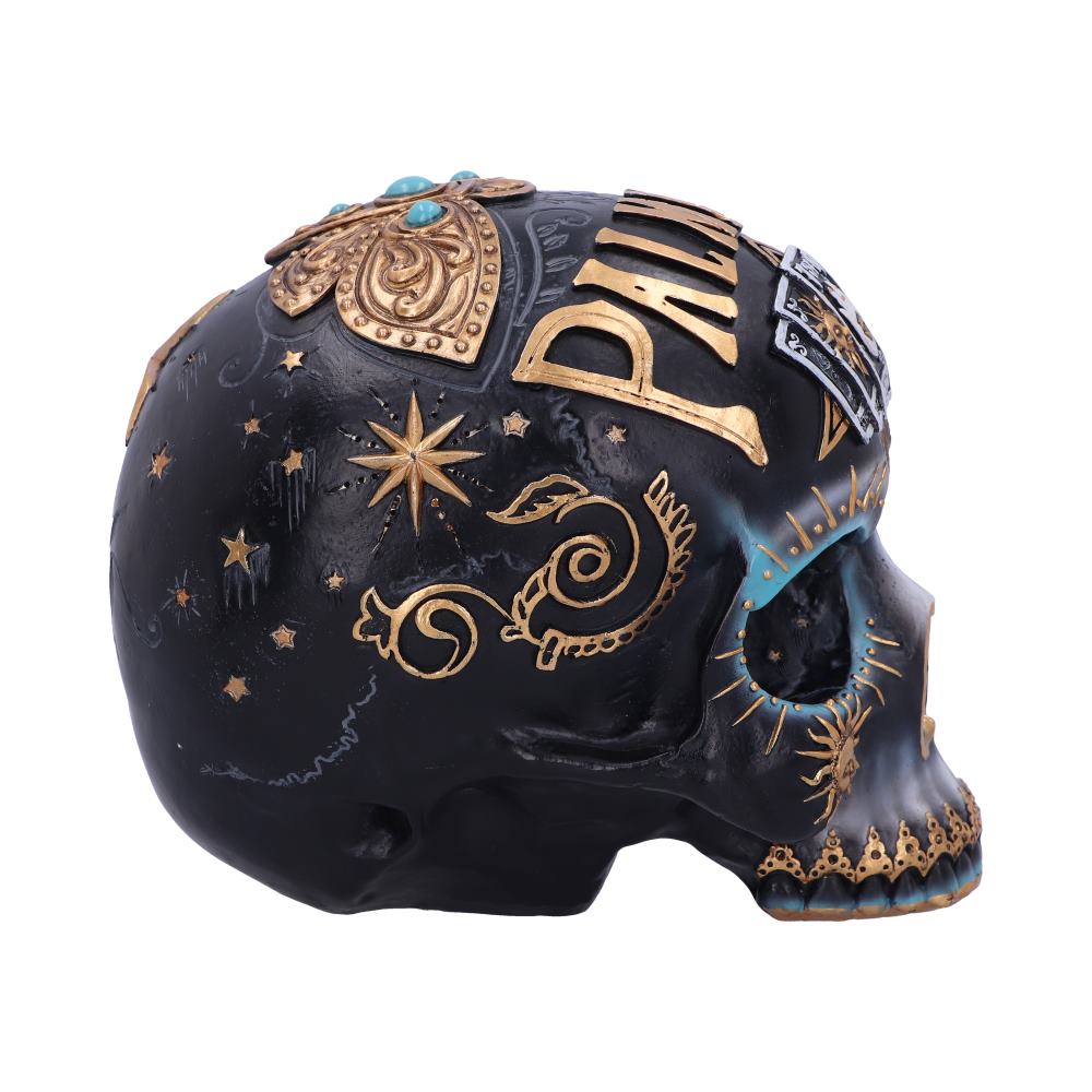 A black decorative skull adorned with gold patterns, stars, and a butterfly, featuring blue accents and engraved text "PAUL." It's styled with celestial and ornate designs, placed on a plain backdrop.