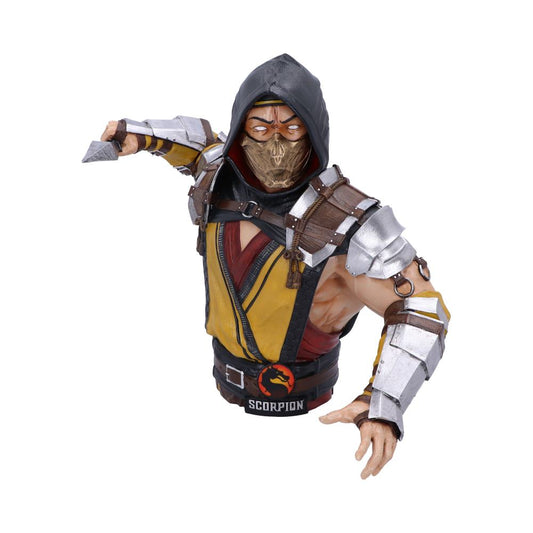 A detailed bust of a masked warrior striking a dynamic pose, wearing armor with leather straps and a yellow tunic. The belt reads "SCORPION." The background is plain white.