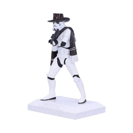 A stormtrooper figurine stands upright on a white base, wearing a cowboy hat, scarf, and holding a blaster. The base is labeled "Thick Bloom."