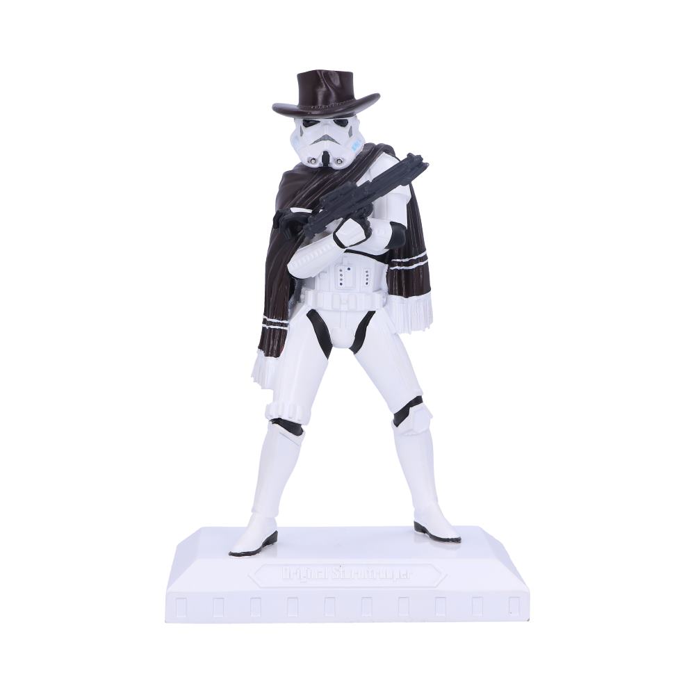 A Stormtrooper figurine stands on a white base, wearing a brown cape and hat, holding a blaster. Text on the base reads: "Original Stormtrooper." The background is plain white.