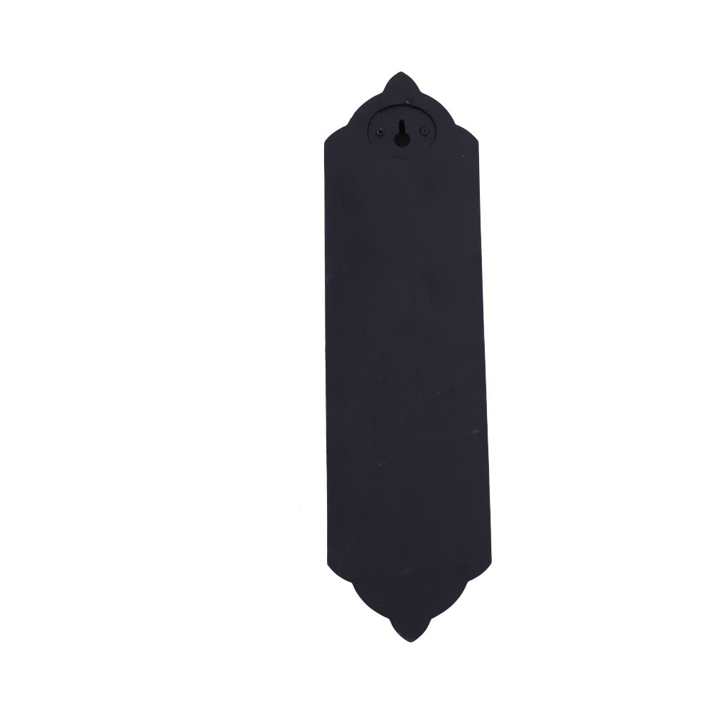 A black, elongated door plate with a decorative top and bottom, featuring a keyhole cutout, sits against a plain white background.