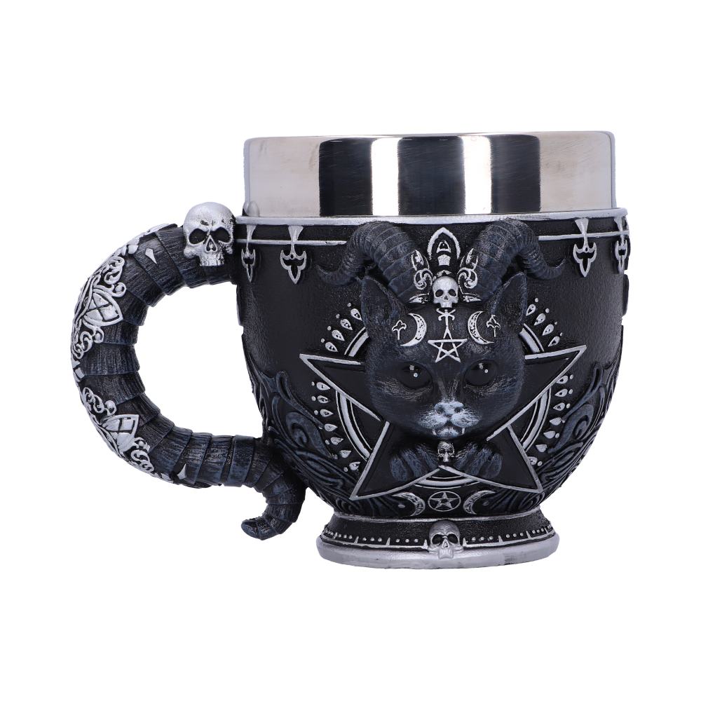 A black mug has a steel interior and a decorative exterior featuring a horned cat in a pentagram, skulls, and crescent moons, all against a white background.