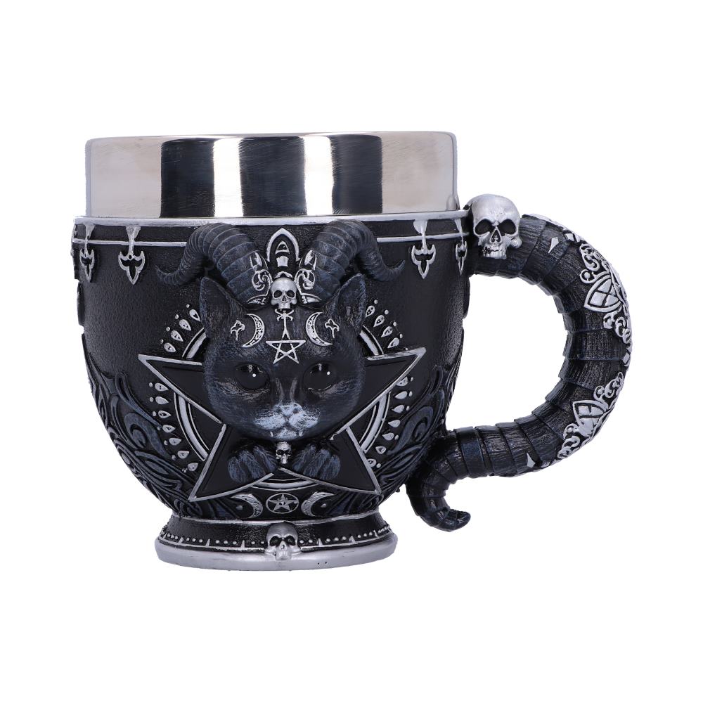 A black, metallic mug features a raised, horned black cat head on a pentagram with occult symbols; the handle is a curving, bony spine with a skull on top.