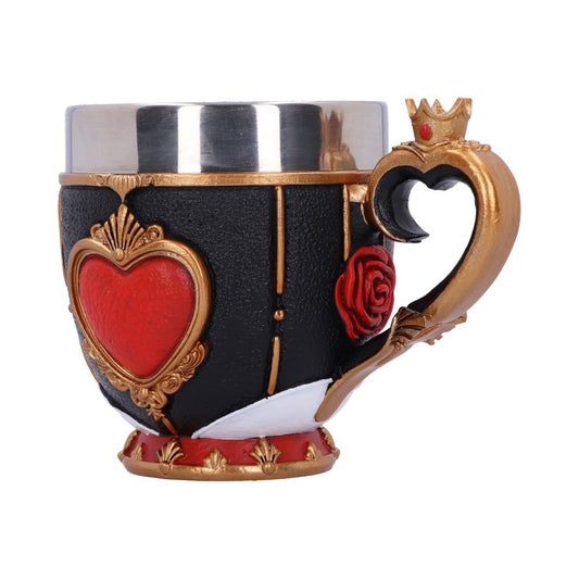 A mug, detailed in a Queen of Hearts style, has a stainless steel interior, a heart shape on the front, and a crown attached to the handle, all set against a white background.