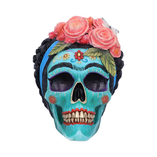 A turquoise skull adorned with intricate patterns and flowers, featuring a floral crown with pink roses, against a plain white background.