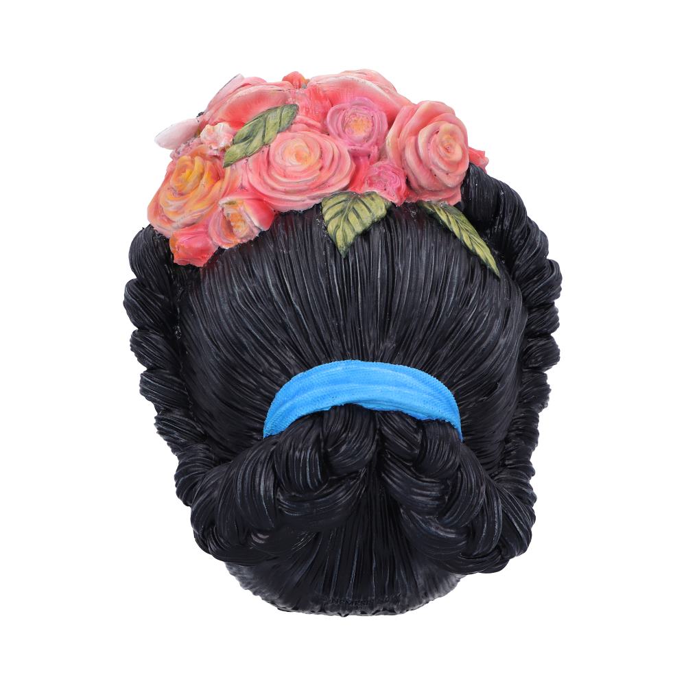 A sculpted head shows detailed black hair styled in braids with a blue ribbon and adorned with pink roses and green leaves, viewed from behind against a white background.
