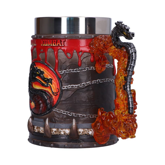 Mug with a dragon handle and chain design, featuring the "Mortal Kombat" logo. Red paint drips and spike details enhance its rugged, battle-themed aesthetic.
