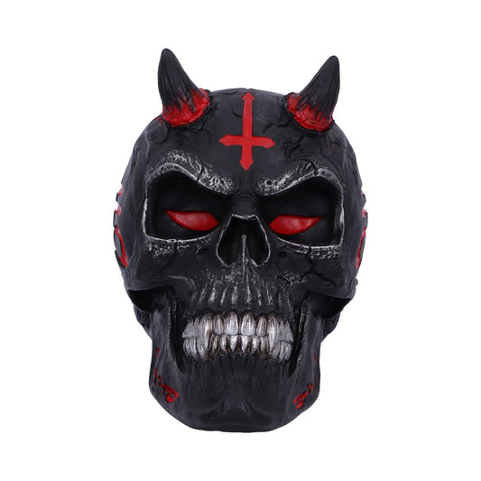 A black skull mask with red eyes, horns, and a red inverted cross on the forehead, appears menacing. It features prominent teeth and detailed textures, suitable for a Halloween theme.