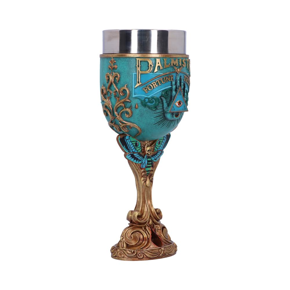 A turquoise chalice with a stainless steel cup displays "Palmistry Fortune" text and an eye-in-triangle motif, supported by a gold stem featuring a death's head moth on a white background.