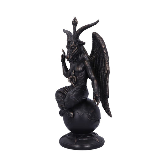 A bronze statue depicts Baphomet, winged and androgynous, seated atop a globe, one hand raised in benediction, against a plain white background.