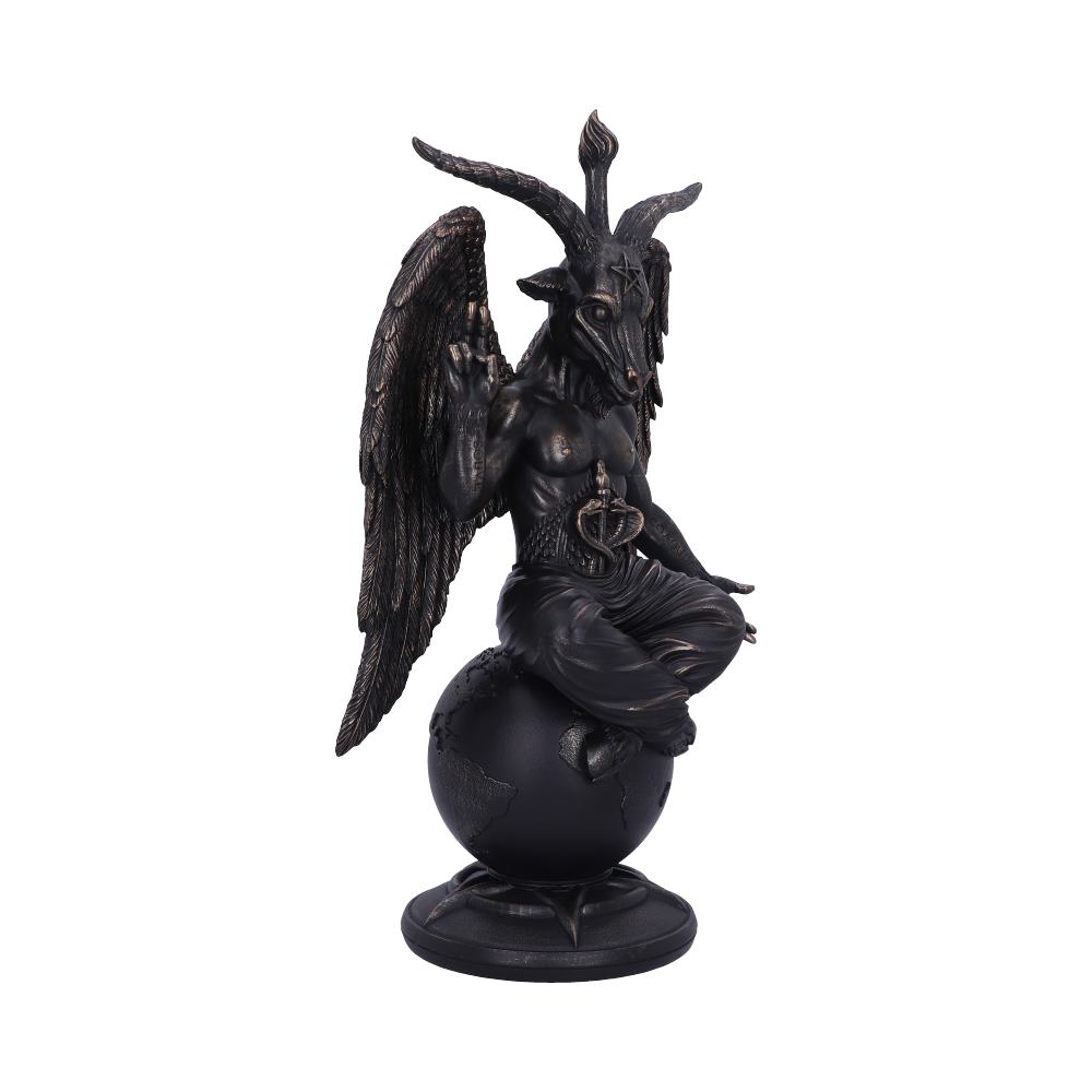 A bronze-colored Baphomet statue, with wings and goat head, sits cross-legged atop a globe, making a hand gesture. The background is plain white.