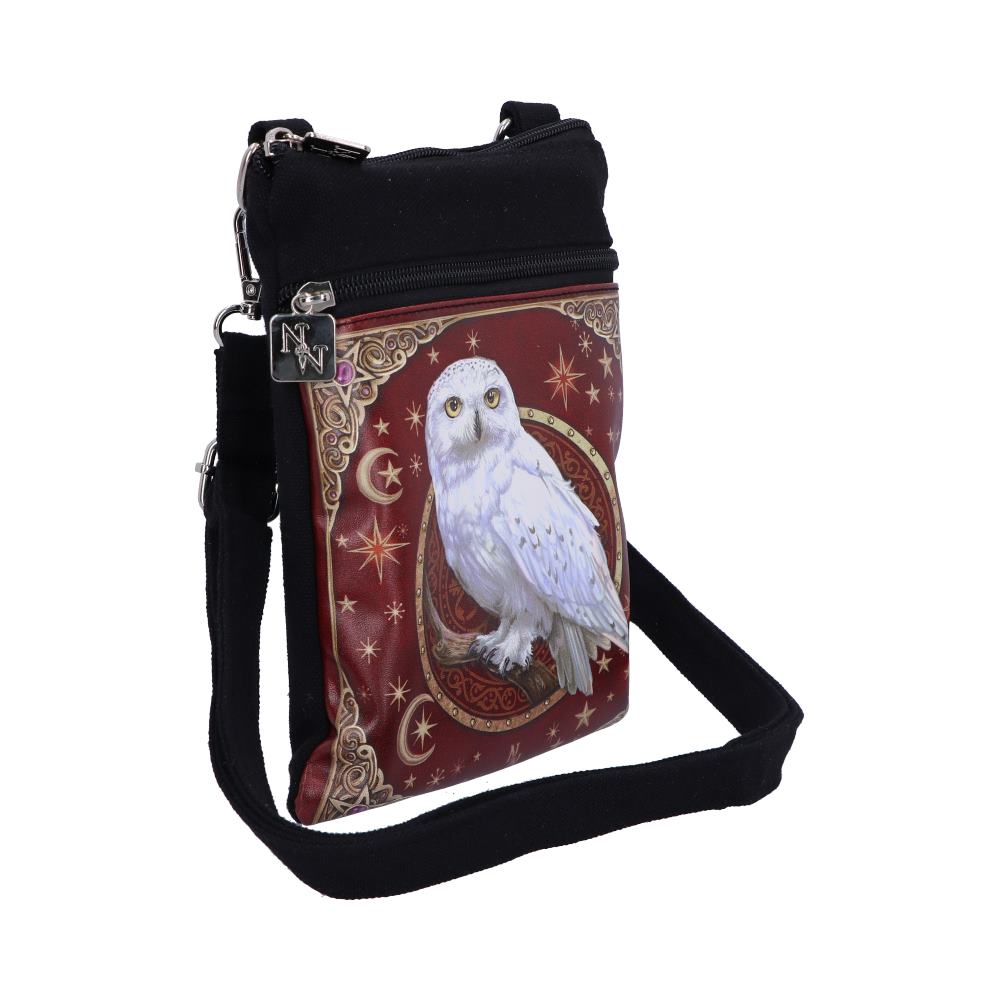 A small rectangular bag with a black top and strap features a white owl perched on a branch, set against a maroon background with stars and crescent moons.