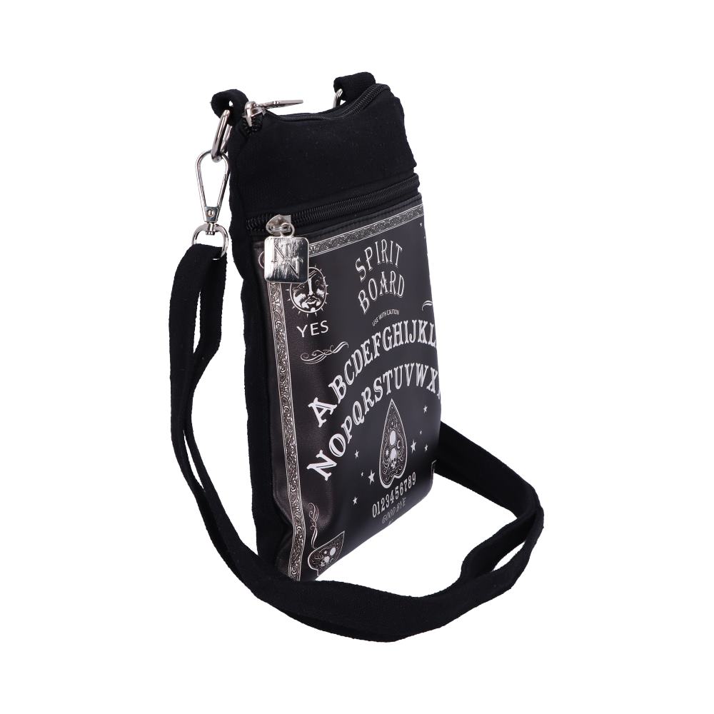 A black cross body bag, featuring a "Spirit Board", "Yes" with numbers and letters, hangs from a silver clip. The bag is in a blank background.