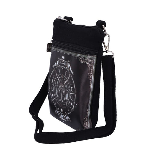 A black shoulder bag displays a Baphomet-style goat figure on its front against a compass-like design, all rendered in grayscale. The bag has silver hardware and a black fabric strap.