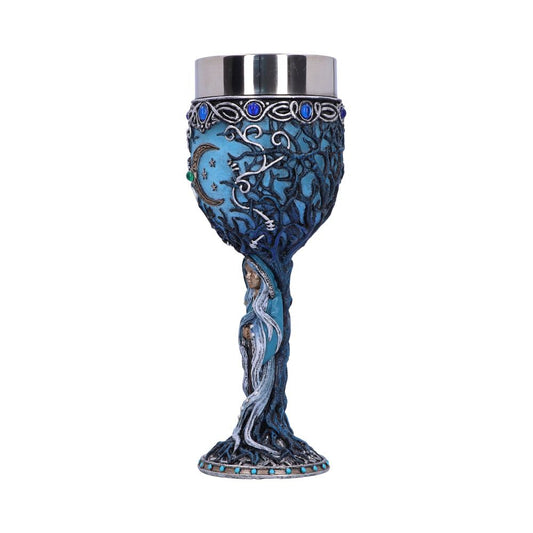A chalice with a silver cup, the blue body is patterned with a moon, stars and branches. A figure with long white hair forms the stem.