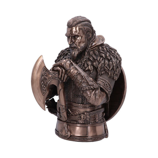 A detailed bronze-colored bust of a warrior holding an axe, wearing a fur cape, with intricate patterns on armor. The figure conveys an intense, focused expression against a plain background.