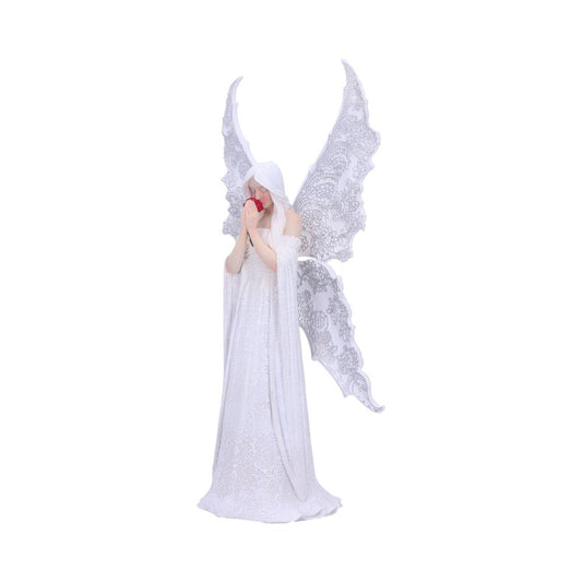 A winged angel, draped in white lace, stands on a blank background. She holds a red rose to her face, seemingly inhaling its scent.