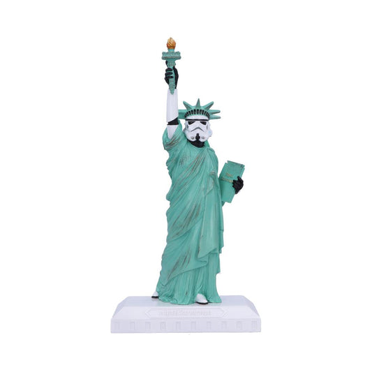 A statue combining the Statue of Liberty with a stormtrooper's helmet from Star Wars, holding a torch and book, stands on a white base labeled "originalstormtrooper."