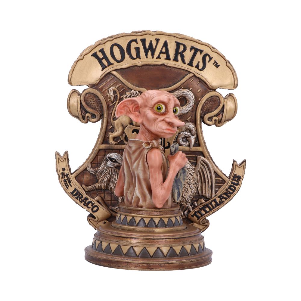 A detailed figure of Dobby stands with the "HOGWARTS" crest as a backdrop. The crest features symbols representing various houses, including "DRACO" and "HILLIANDUS."