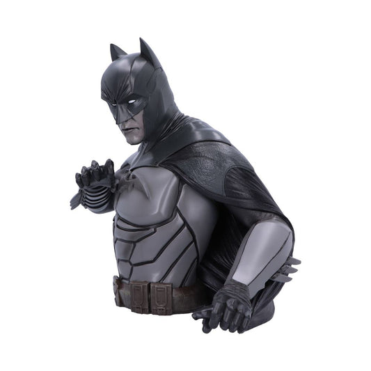 A detailed bust of a superhero wearing a bat-themed mask and armor, poised in a defensive stance. The background is plain white, highlighting the figure's dark costume.