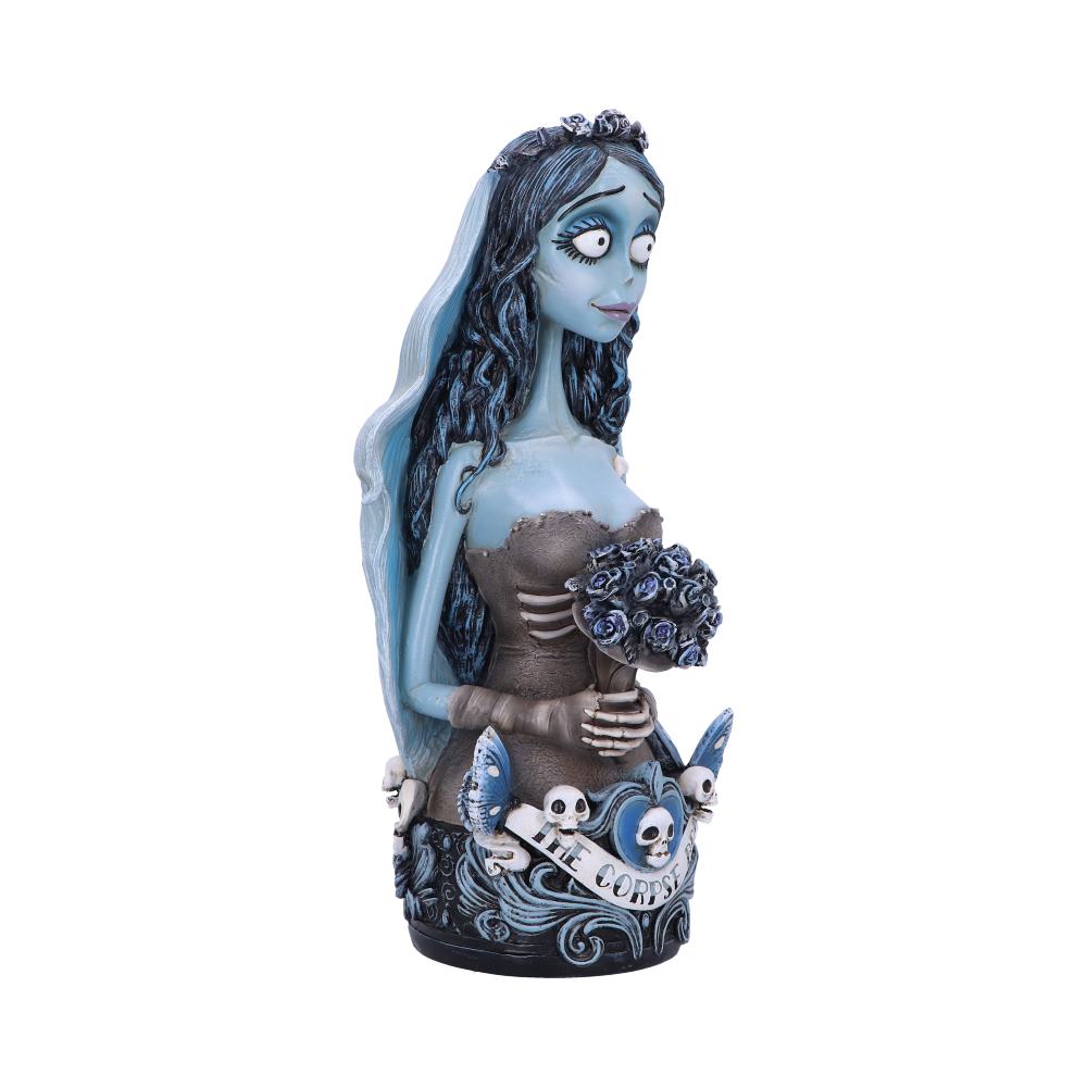 A blue-hued figurine of a bride holds a bouquet of dark roses; decorated with skulls and a banner reading "The Corpse," against a plain white background.