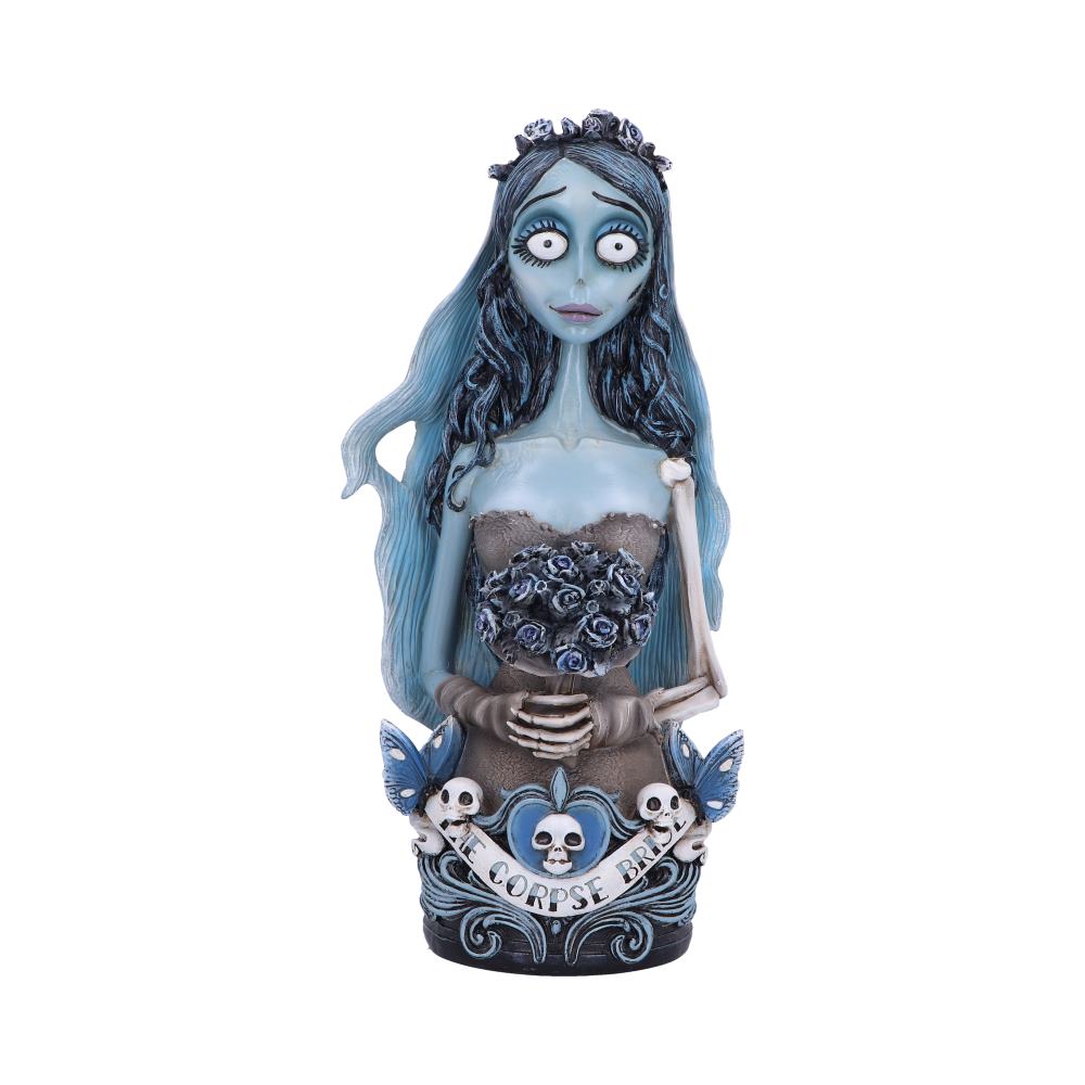A blue-skinned figurine in a wedding dress holds a bouquet of blue roses. Skulls and butterflies adorn the base, with text reading "The Corpse Bride."