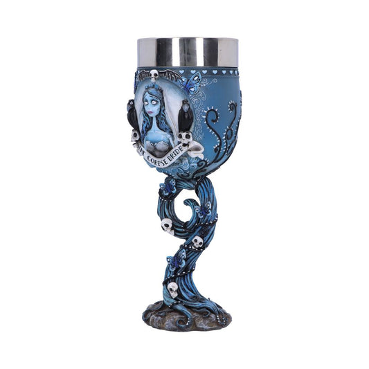 A blue chalice with a silver top is displayed, featuring an image of "THE CORPSE BRIDE" surrounded by ravens, above a stem of gnarled branches and skulls, standing on a rocky base.