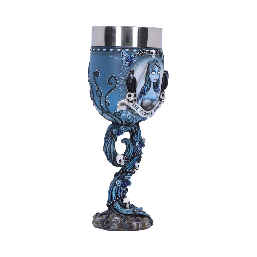 A blue and silver chalice stands, adorned with a “The Corpse Bride” image and vines. The base resembles earth, completing its whimsical yet spooky design.