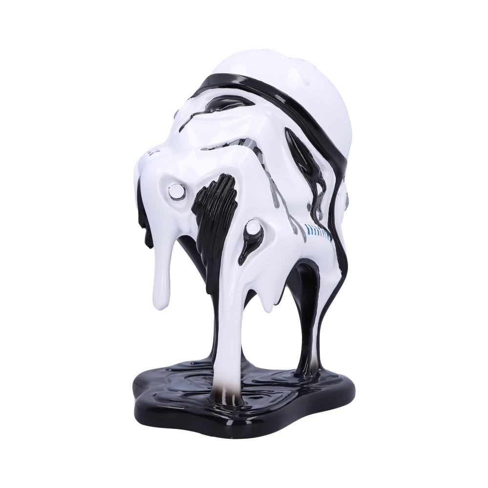 A white helmet resembling a stormtrooper appears melted, with black drips forming a puddle beneath, against a plain white background.