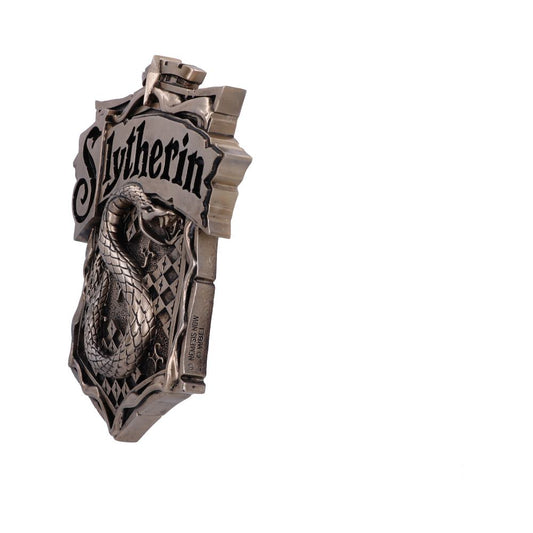 A metallic emblem reading "Slytherin" features a detailed snake, depicting the Hogwarts house crest. The side view highlights intricate detailing, with "HARRY POTTER" text on the edge. White background.