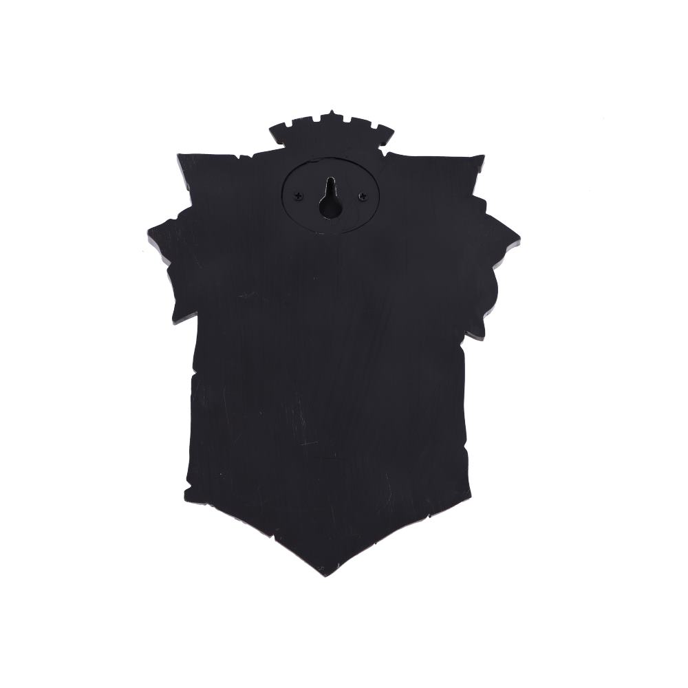 A black, shield-shaped wooden plaque with an upper keyhole. It is positioned vertically against a plain white background, with slightly jagged edges giving it a rustic appearance.