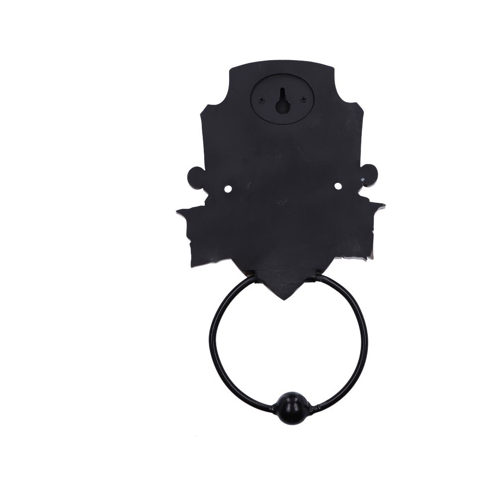 A black metal door knocker with a circular ring and top keyhole design is mounted against a plain white background.