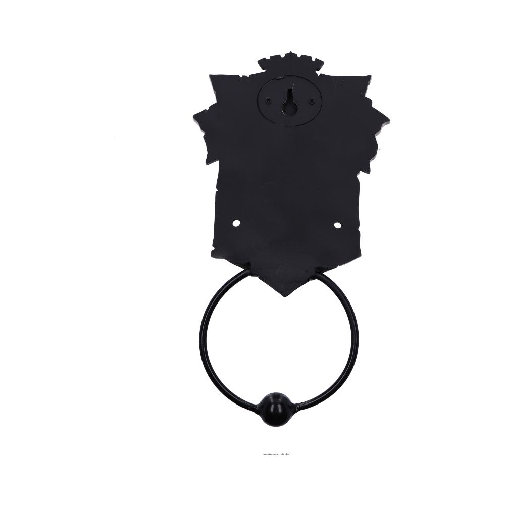 A flat black metal door knocker features a shield-shaped backplate with a circular ring hanging from it, set against a plain white background.