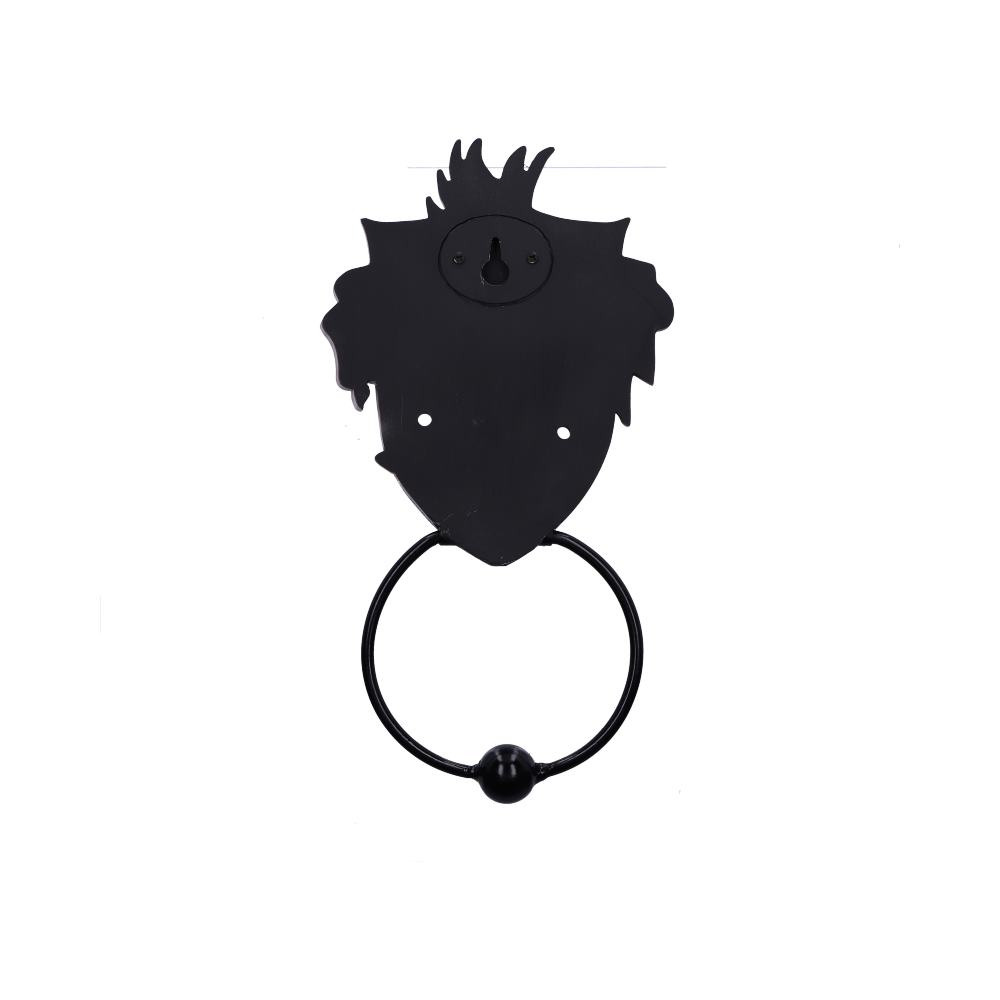Black metal door knocker shaped like a silhouetted face, featuring a circular ring at the bottom, against a plain white background.