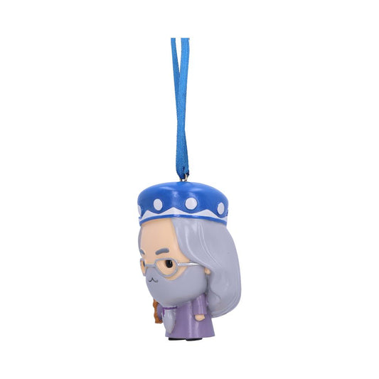 A small figurine shaped like a wizard, featuring a blue hat and long gray hair, hangs by a blue string against a plain white background.