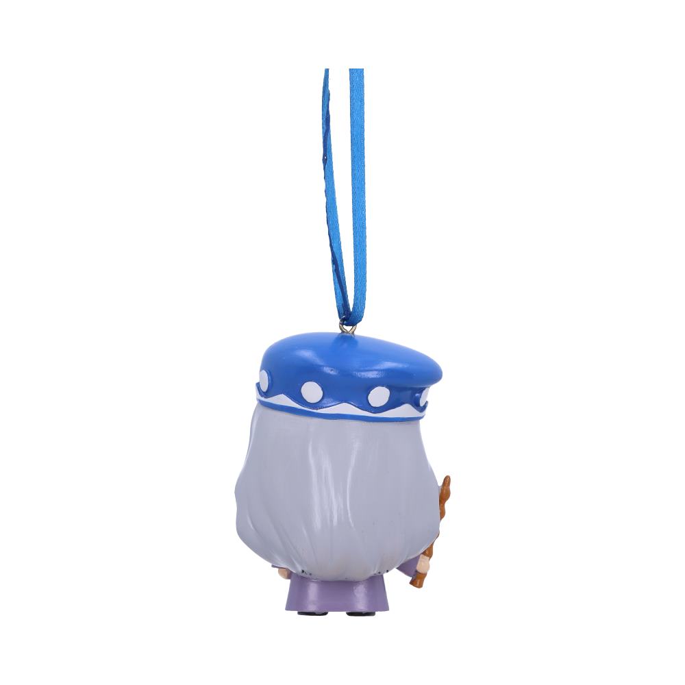 A small, figurine ornament with gray hair and a blue hat hangs from a blue ribbon, shown against a plain white background.